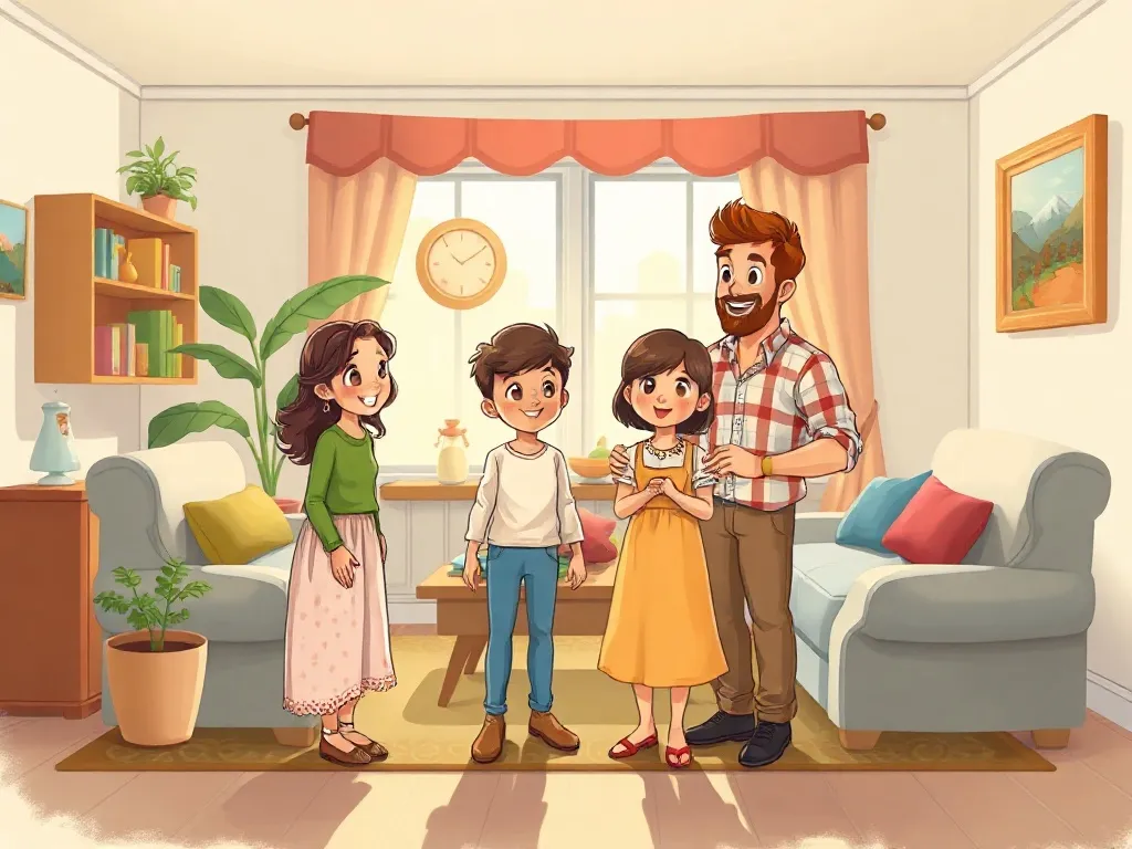 A Different Kind of Perfect - Family standing together in their rearranged living room