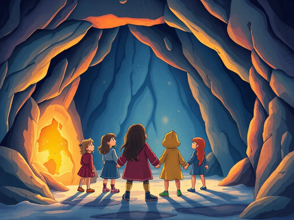 Alex and the Whispering Woods: A Rainbow Berry Adventure - Group finding courage in glowing Echo Cave