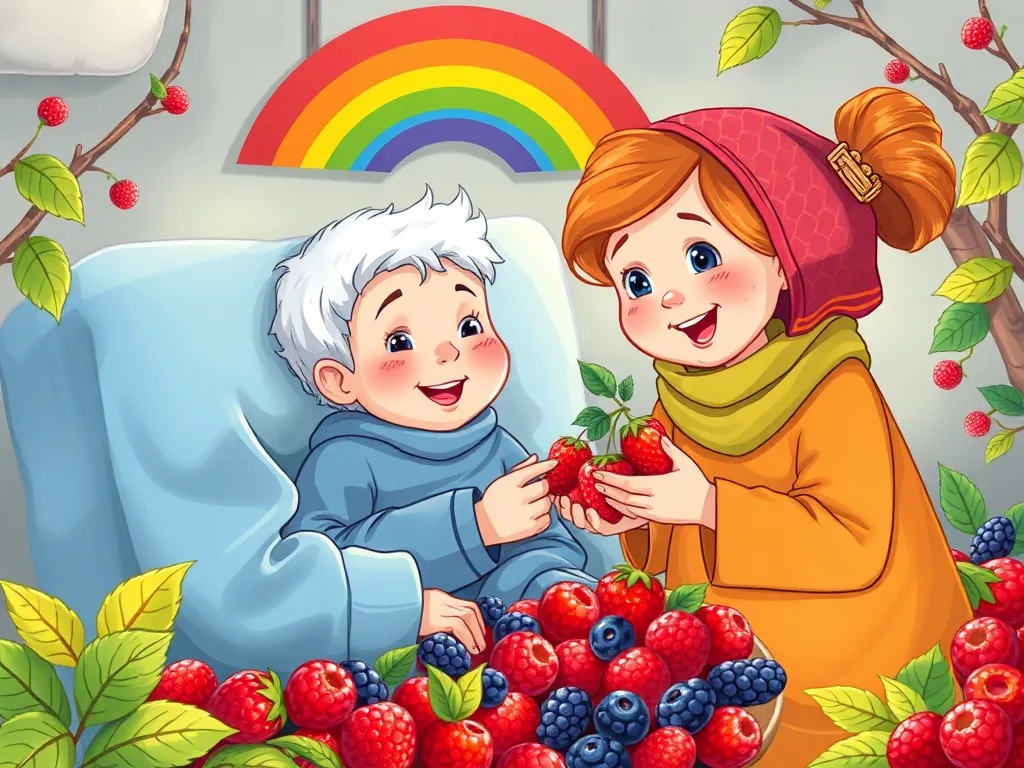 Alex and the Whispering Woods: A Rainbow Berry Adventure - Alex and friends sharing rainbow berries with sick grandmother