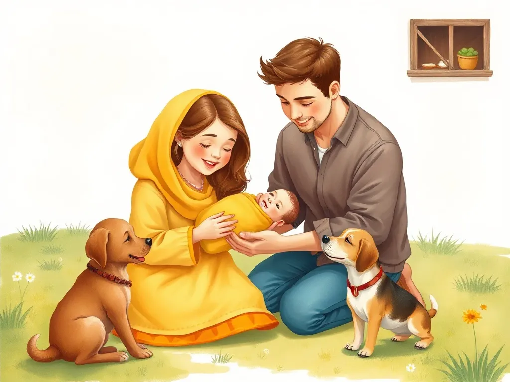 Bailey's Big Heart - Parents kneeling with newborn baby in yellow blanket near curious dog