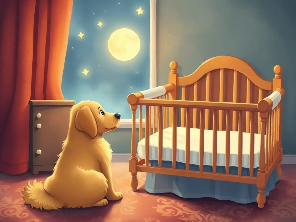 Bailey's Big Heart - Golden retriever sitting guard beside empty moonlit baby crib