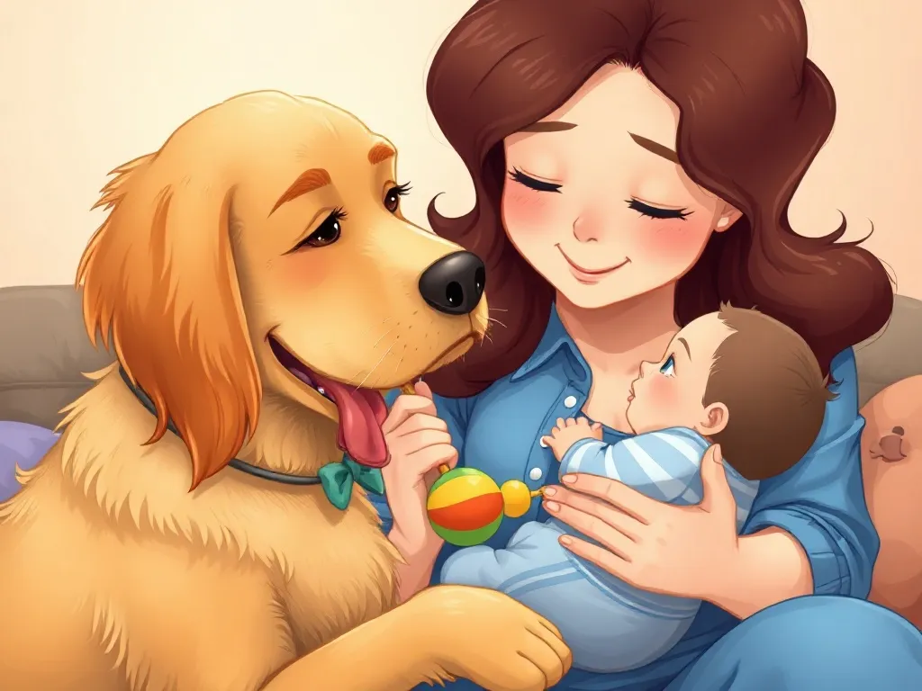 Bailey's Big Heart - Golden retriever gently placing baby rattle beside smiling mother holding infant