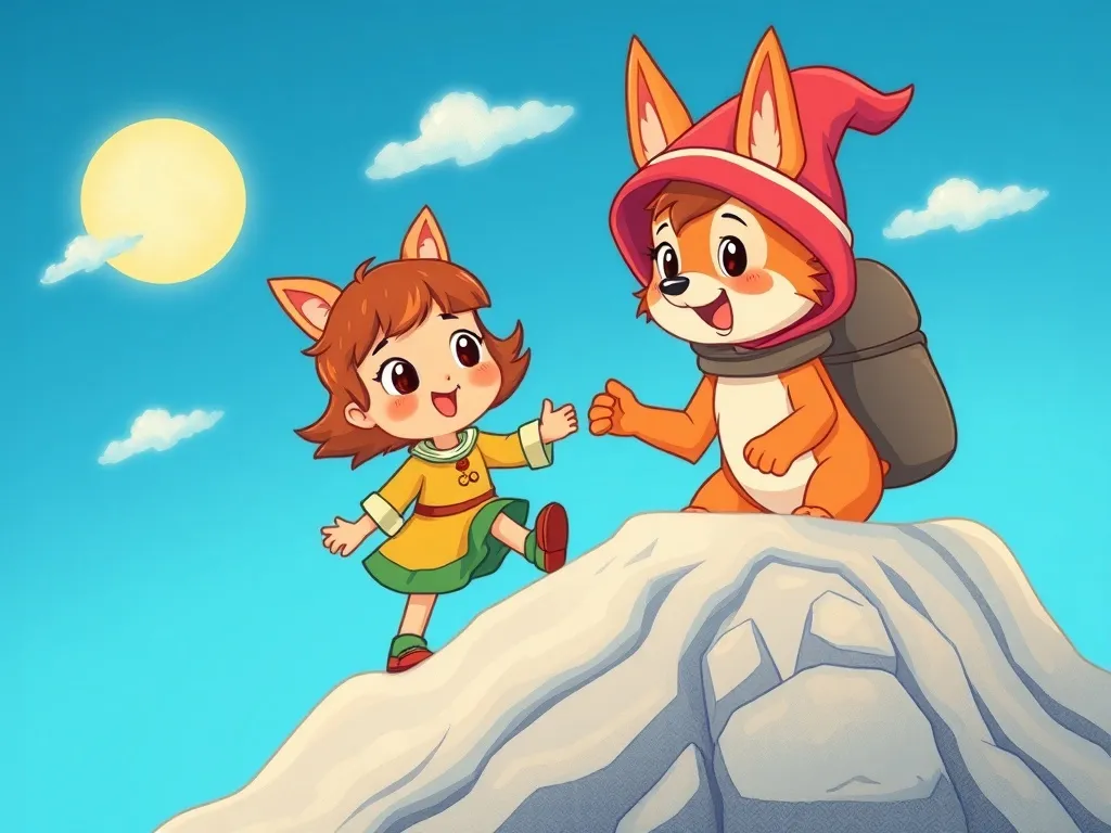 Bella's Brave Climb - Bella and Pip reaching the mountain peak