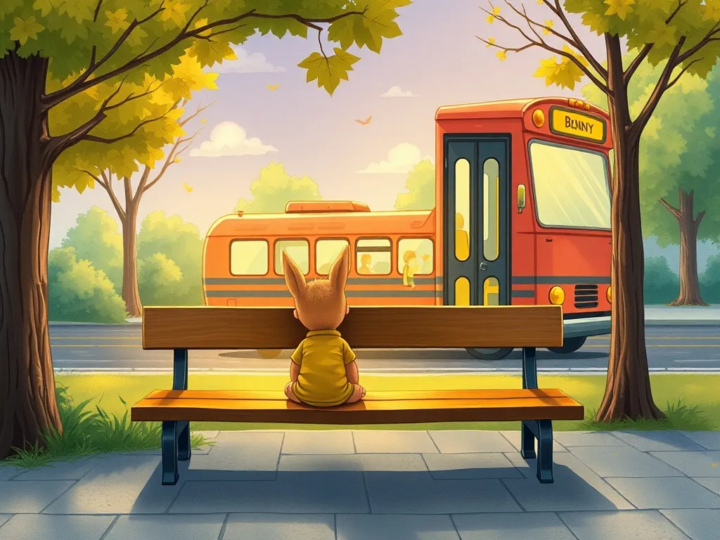Benny Bear's Big Bus Ride - Benny sitting on bench watching bus leave