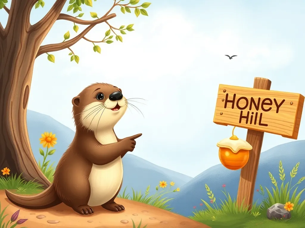 Benny Bear's Big Bus Ride - Small otter pointing to Honey Hill sign