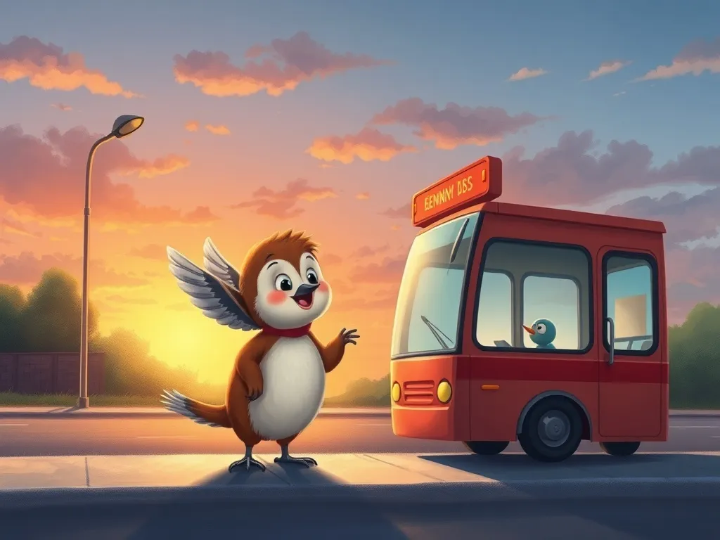 Benny Bear's Big Bus Ride - Benny and chickadee at sunset bus stop