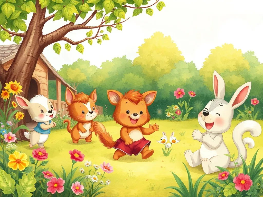Benny Bear's Sharing Adventure - Animal children playing joyfully in the garden