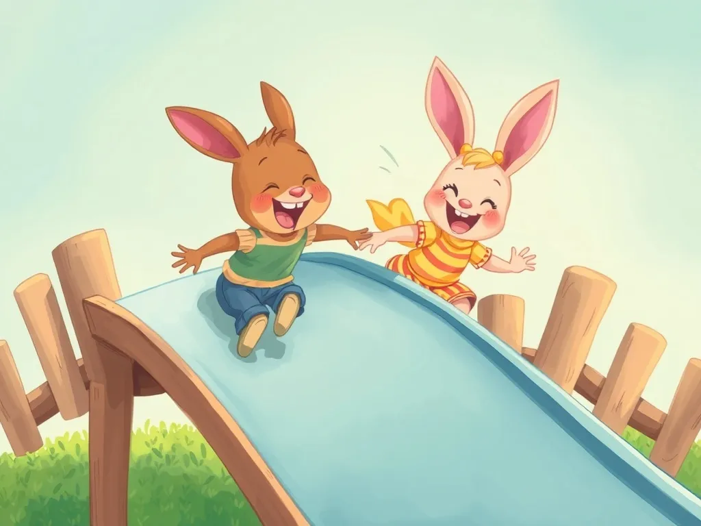 Benny Bunny's Playground Surprise - Benny and Penny racing down the slide together, laughing