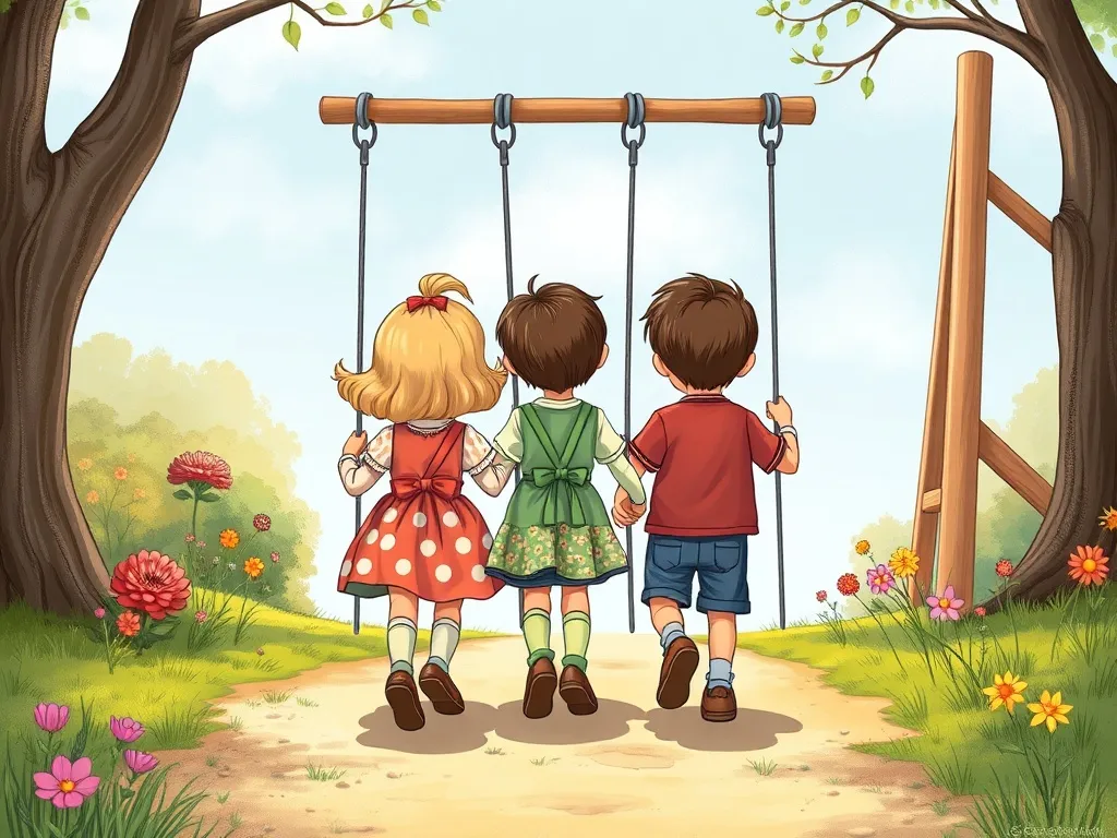Benny Bunny's Playground Surprise - Benny, Penny, and Sammy walking together toward the swings