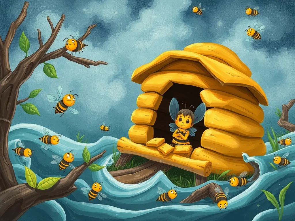 Benny's Buzzing Friend - Storm-tossed hive with Benny sheltering worried bees