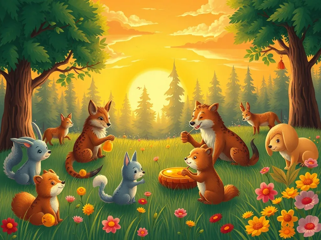 Benny's Buzzing Friend - Sunset meadow festival with all forest animals sharing honey
