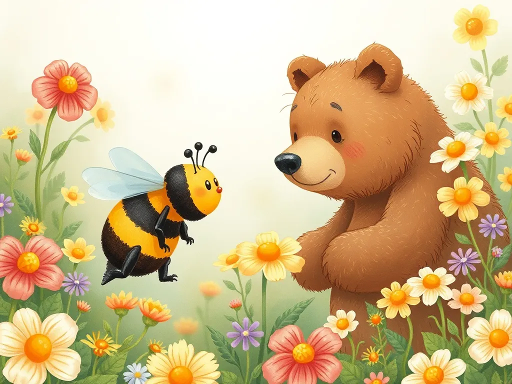 Benny's Buzzing Playground Discovery - Bee and bear meeting among flowers, size difference apparent but expressions friendly