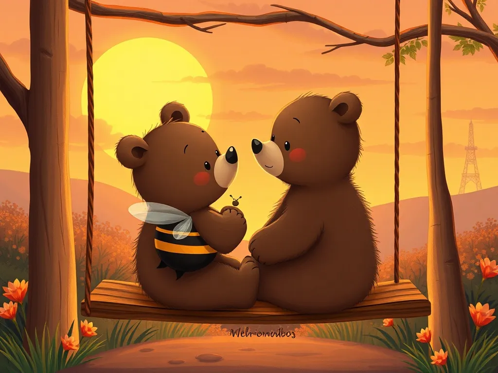 Benny's Buzzing Playground Discovery - Bear and bee sharing quiet moment on swing, watching sunset