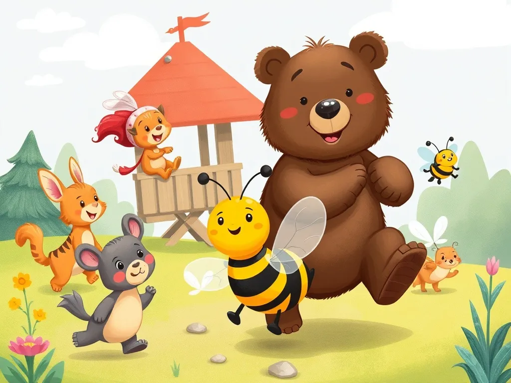 Benny's Buzzing Playground Discovery - Various playground animals following bear and bee on adventure, all working together