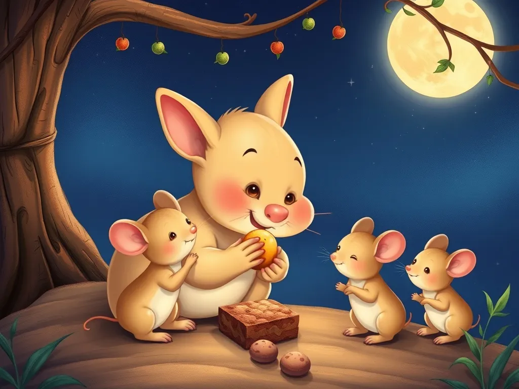 Biscuit's Mystery Friend - Pip sharing treat with baby mice by moonlight