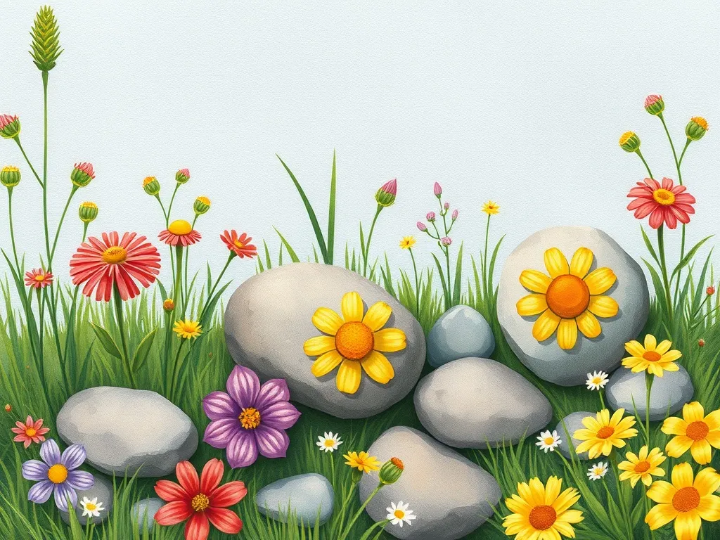 Bluebell's Big Mistake - Scattered painted stones among prairie flowers
