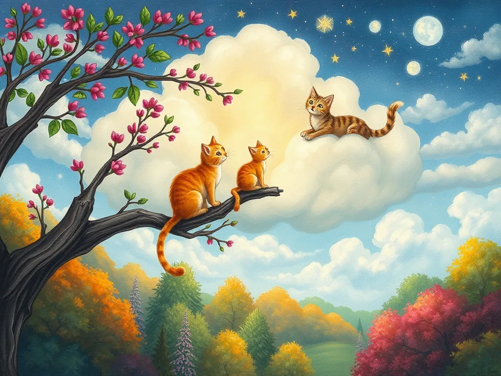 Bramble&#x27;s Cloud Castle Adventure - Bramble and cats sharing cloud magic with forest below