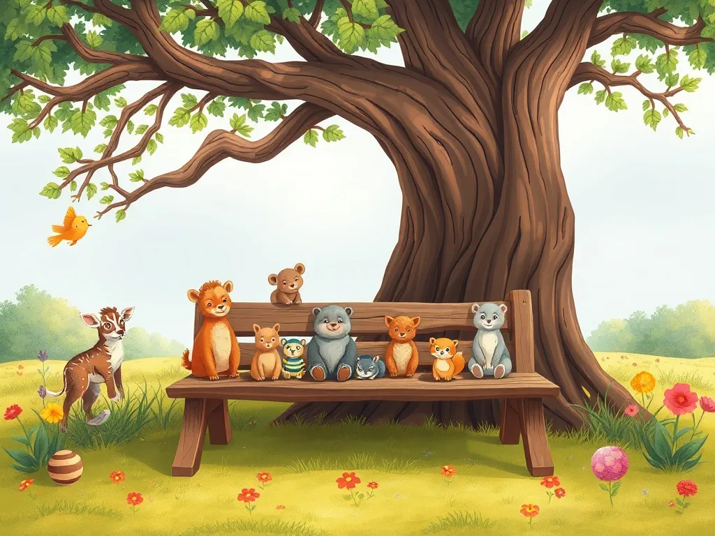 Brave Little Bird's Big Question - Wooden bench under oak with diverse quiet animals