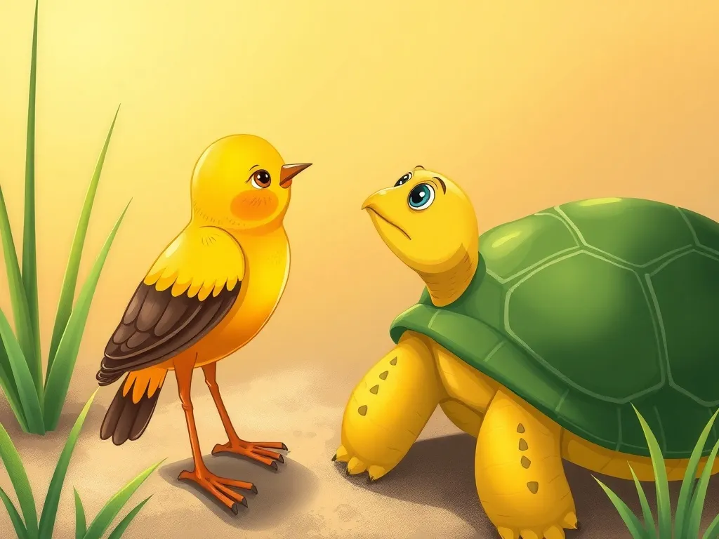 Brave Little Bird's Big Question - Yellow bird asking green turtle her question