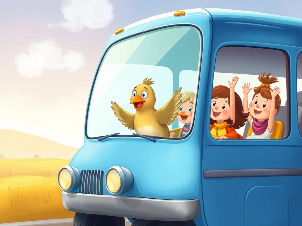 Brave Little Bird's Big Question - Bird boarding blue bus with friends waving