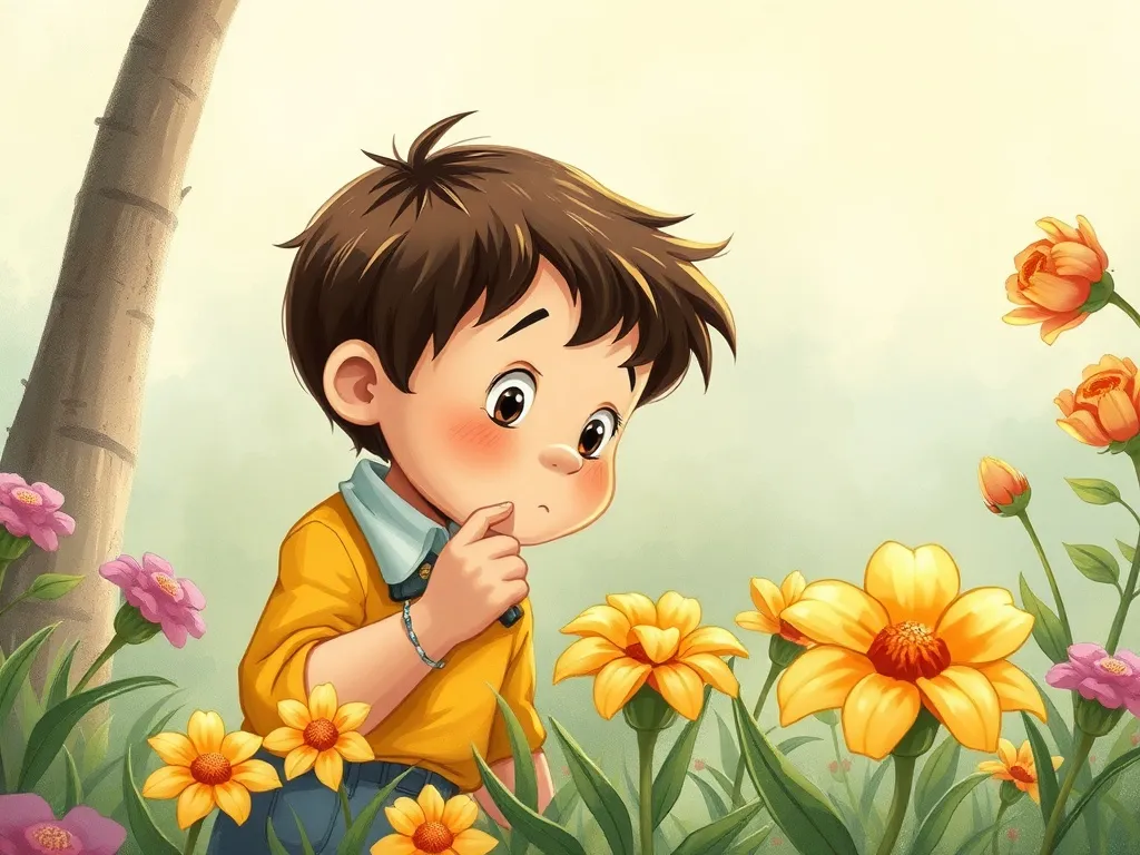 Bruno's Garden Party Adventure - Bruno examining wilted flowers with concern
