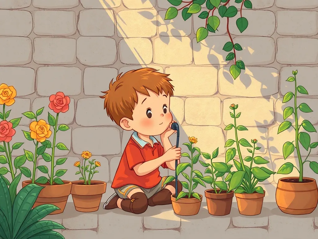 Bruno's Garden Party Adventure - Bruno thoughtfully arranging plants in sun and shade
