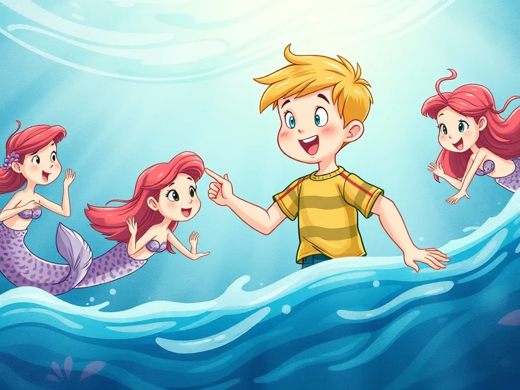 Bruno's Splashing Stream Surprise - Surprised Bruno discovering playful mermaids