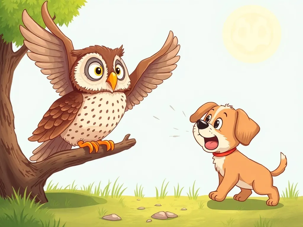 Buddy and the Mysterious Whistler - Startled owl flying away from excited puppy