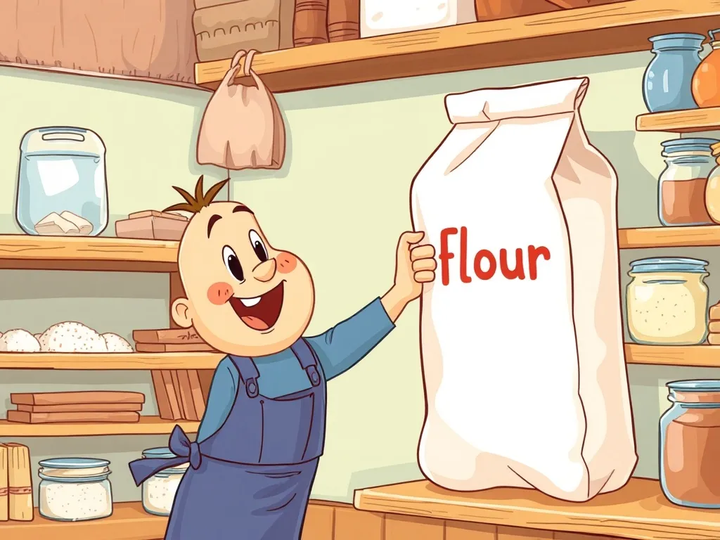 Buddy's Kitchen Catastrophe - Buddy pulling enormous flour bag from shelf