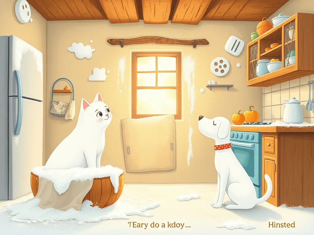 Buddy's Kitchen Catastrophe - Kitchen covered in flour with ghost-white cat and dog