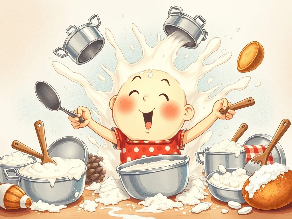 Buddy's Kitchen Catastrophe - Pots and pans crashing down around flour-covered Buddy