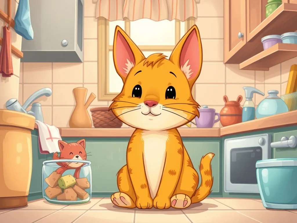 Buddy's Kitchen Catastrophe - Buddy sitting quietly facing Whiskers in messy kitchen