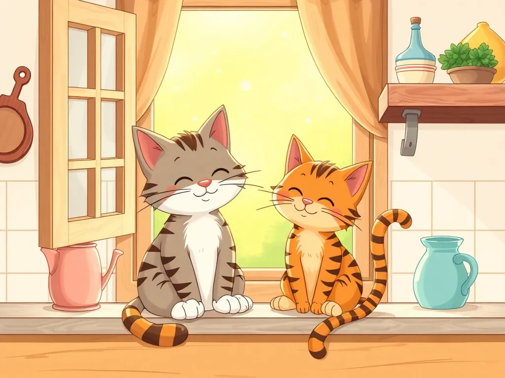 Buddy's Kitchen Catastrophe - Buddy and Whiskers sitting peacefully together in sunny kitchen window