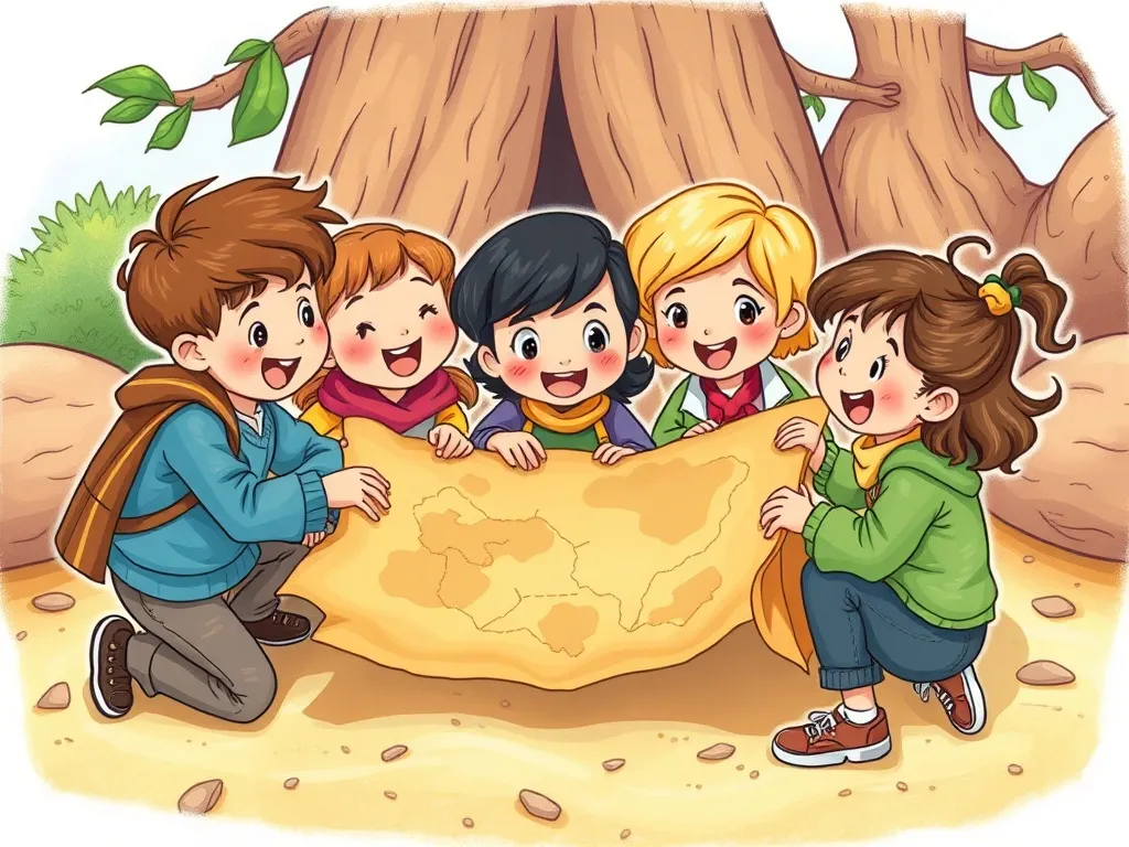 Buddy&#x27;s Big Question Adventure - Friends gathered excitedly around a treasure map