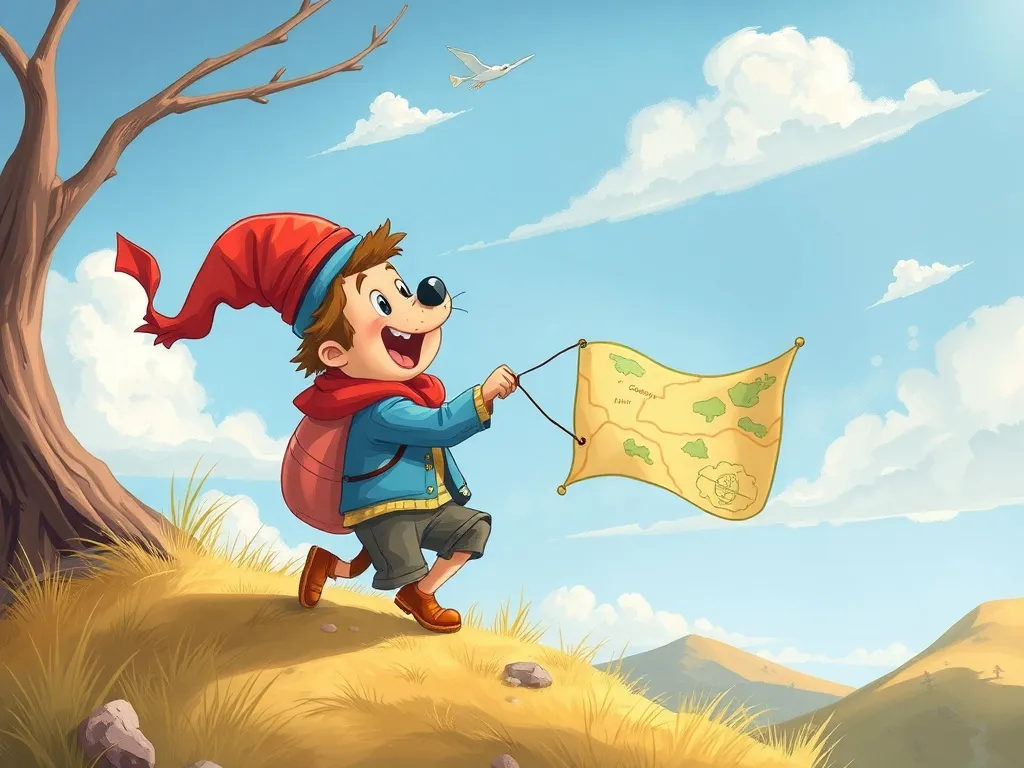 Buddy&#x27;s Big Question Adventure - Buddy catching the wind-blown map