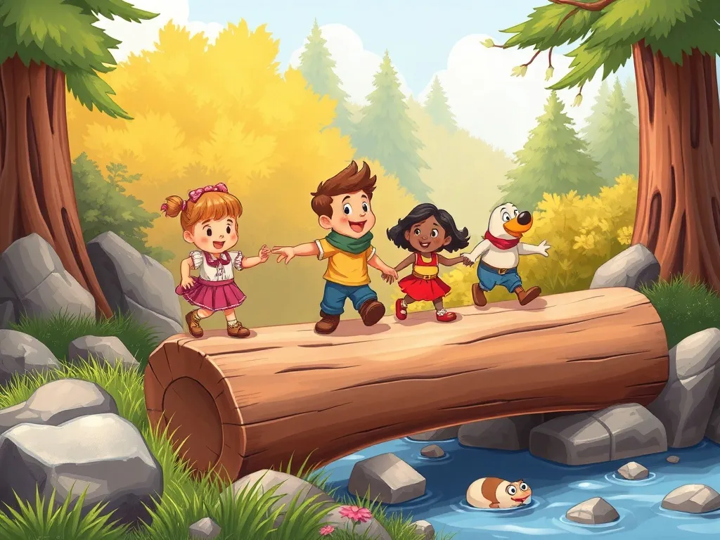Buddy's Big Question Adventure - Buddy leading friends across a fallen log bridge