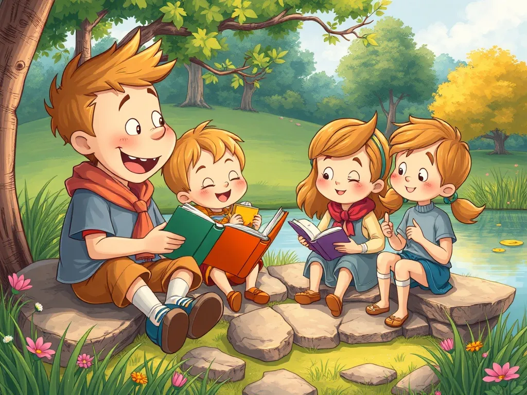 Buddy&#x27;s Big Question Adventure - Buddy and friends sharing stories by the pond