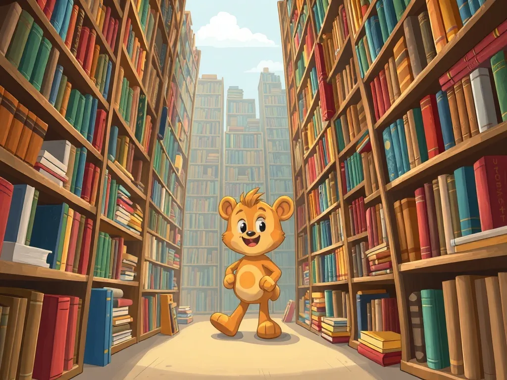 Buddy's Library Promise: A Tale of Friendship and Discovery - Buddy looking lost among towering bookshelves