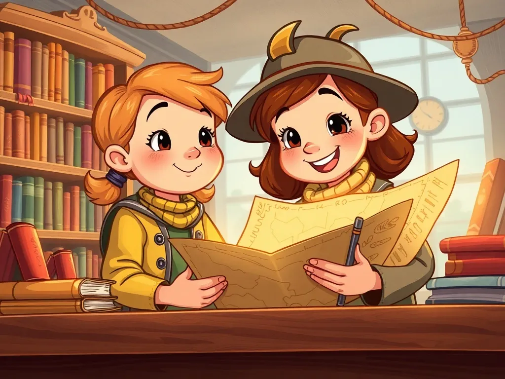 Buddy's Library Promise: A Tale of Friendship and Discovery - Buddy and librarian creating library treasure map