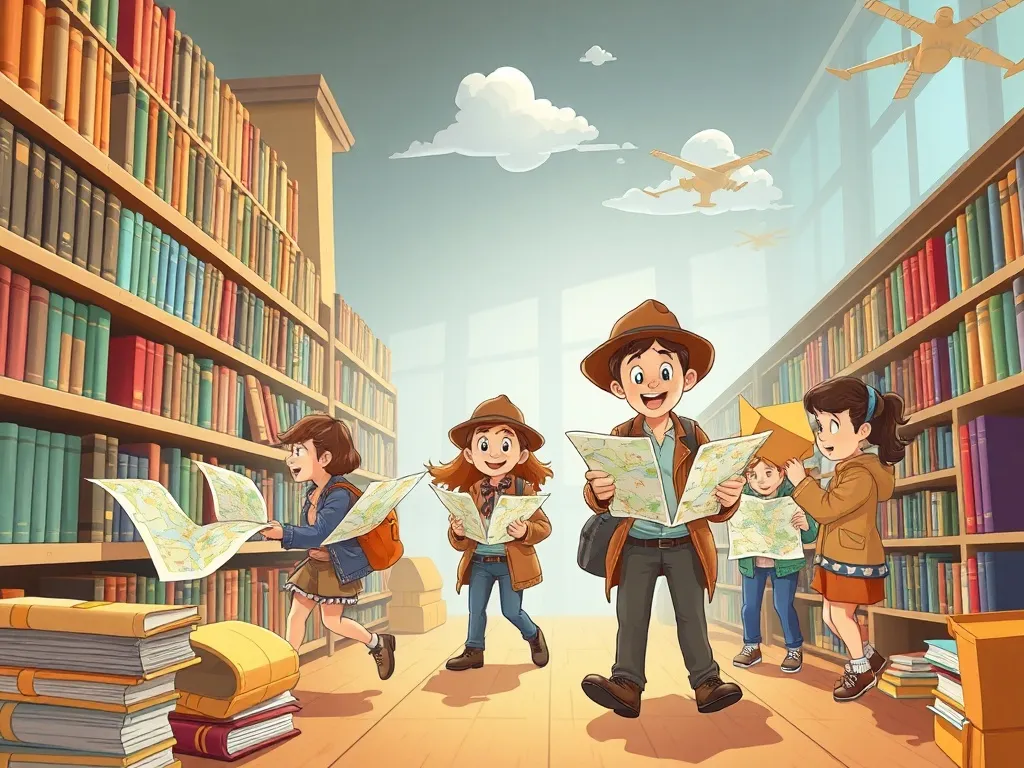 Buddy's Library Promise: A Tale of Friendship and Discovery - Search team spreading through library with maps