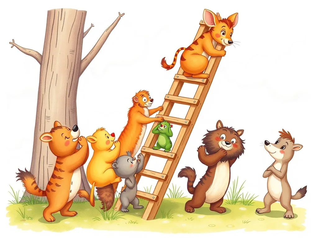 Buster's Big Mixed-Up Rescue - All animals working together pushing the big ladder