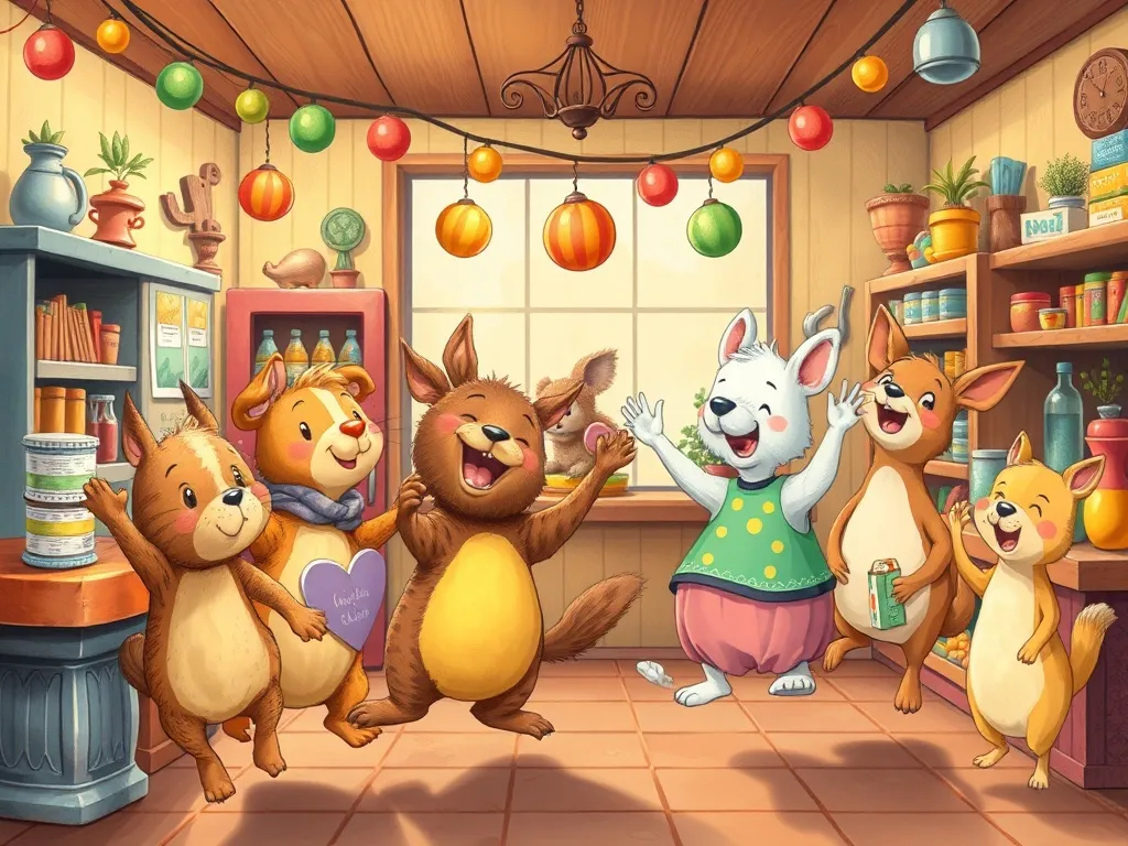 Buster's Big Mixed-Up Rescue - Animals dancing and celebrating in the mixed-up shop