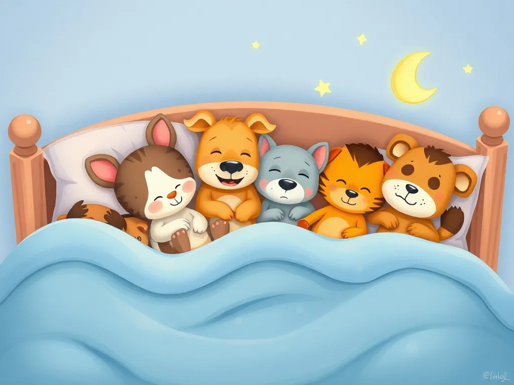 Buster's Big Mixed-Up Rescue - All animals sleeping peacefully together in Buster's bed