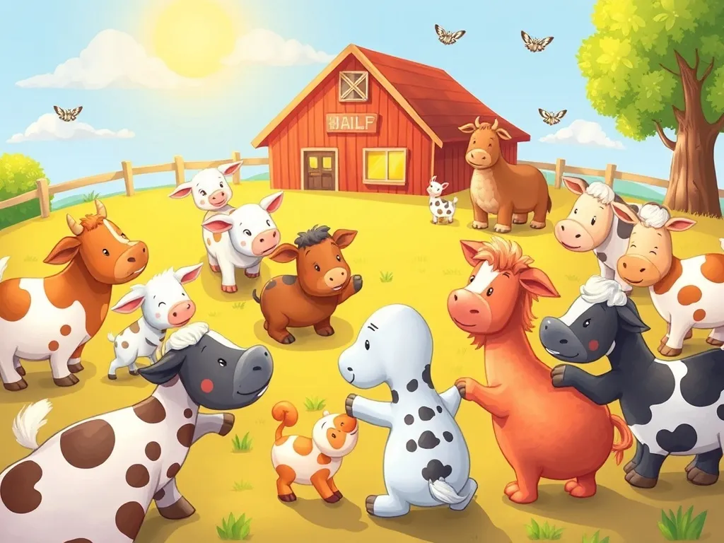 Buttons and the Big Share Adventure - Many farm animals enjoying group games