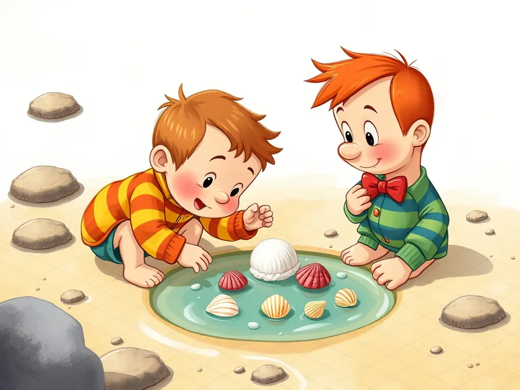 Charlie's Tidepool Treasure Friend - Charlie and Herbert examining tide pool together, several shells between them