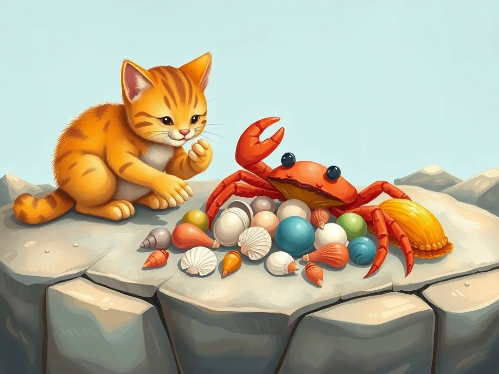 Charlie's Tidepool Treasure Friend - Cat and crab arranging elaborate shell collection on flat rock
