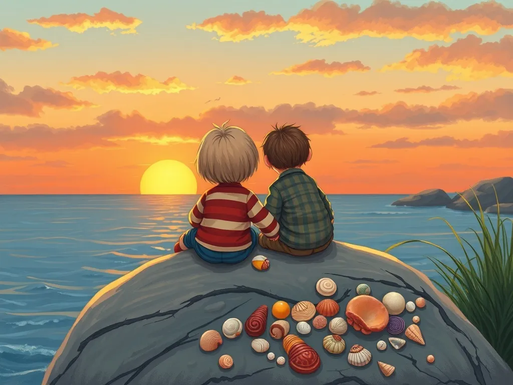 Charlie's Tidepool Treasure Friend - Charlie and Herbert sitting together on rock watching sunset, surrounded by their shared shell collection