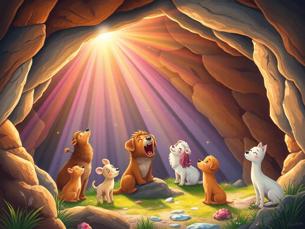 Crystal's Symphony of Light - Cave bathed in rainbow light as animals sing in harmony
