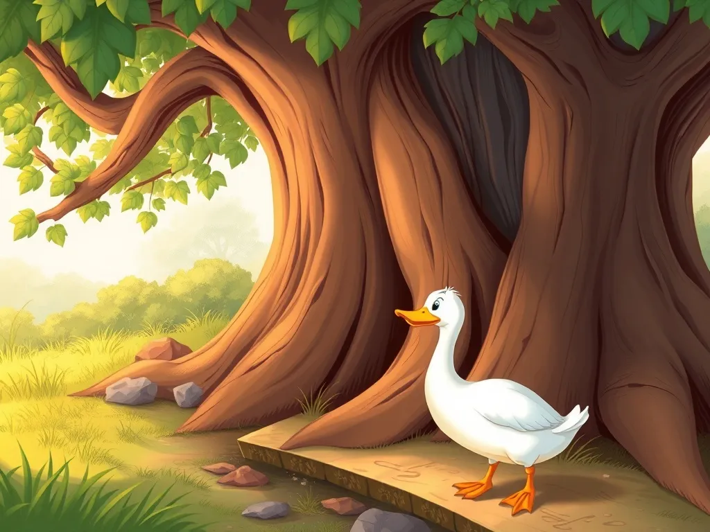 Daisy Duck's Grand Stream Adventure - Duck peering anxiously around bend past ancient oak