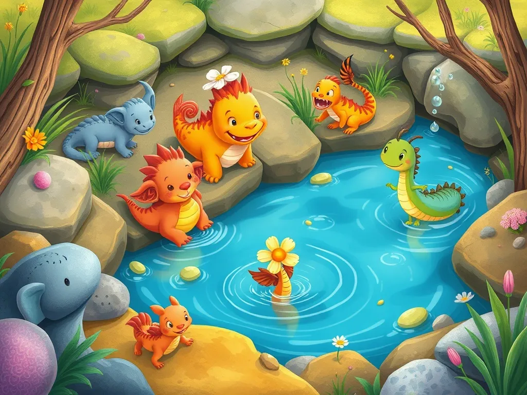 Daisy Duck's Grand Stream Adventure - Diverse stream creatures welcoming Daisy to grand pool